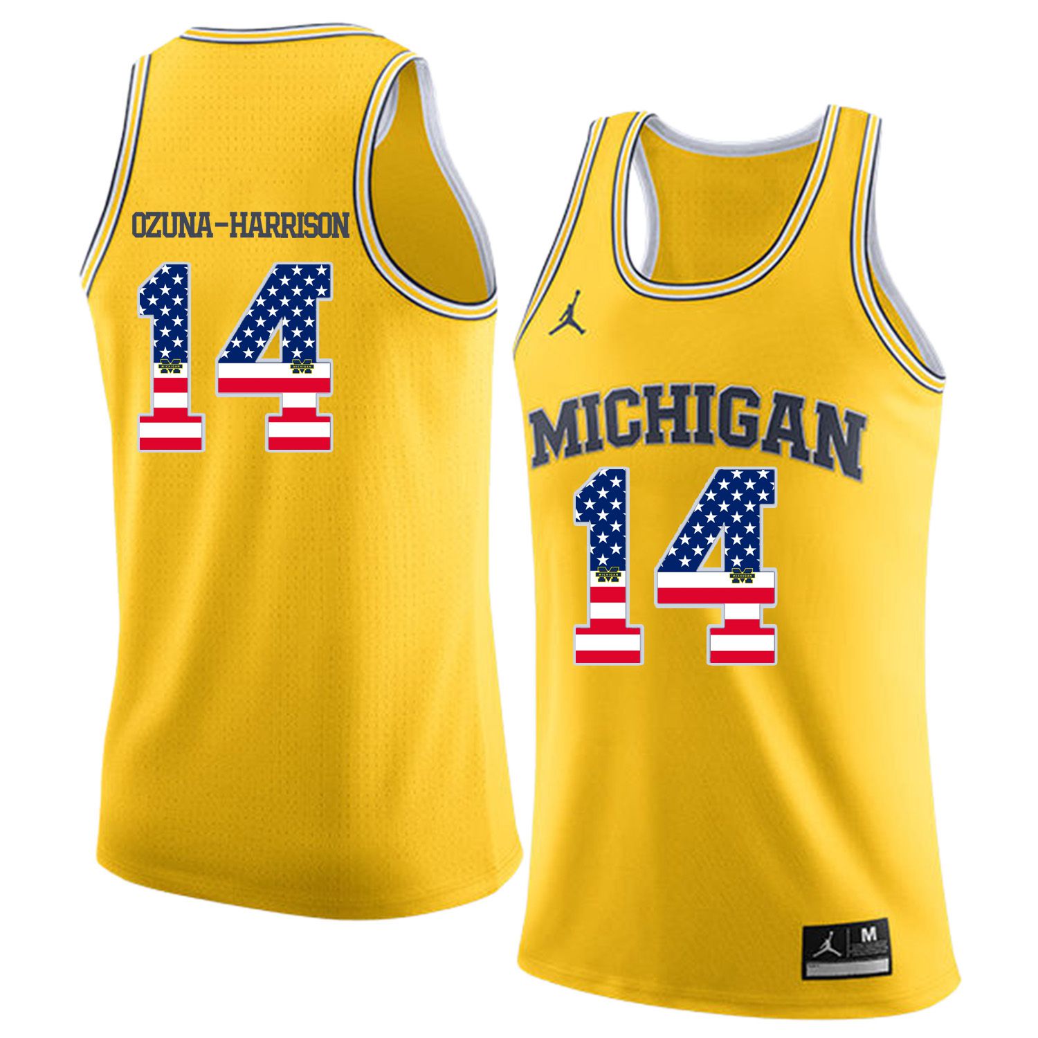 Men Jordan University of Michigan Basketball Yellow #14 Ozuna-Harrison Flag Customized NCAA Jerseys->customized ncaa jersey->Custom Jersey
